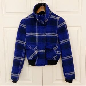Blue & Black Plaid Zip Up Fitted Waist Jacket